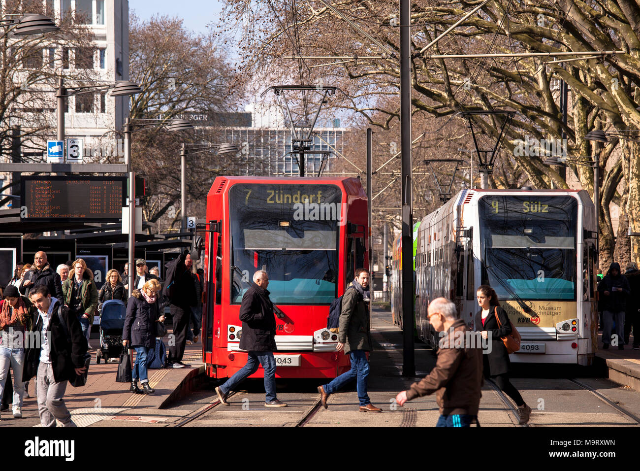 Germany, Cologne, streetcar stop at the Neumarkt.  Deutschland, Koeln, Strassenbahnhaltestelle am Neumarkt. Stock Photo