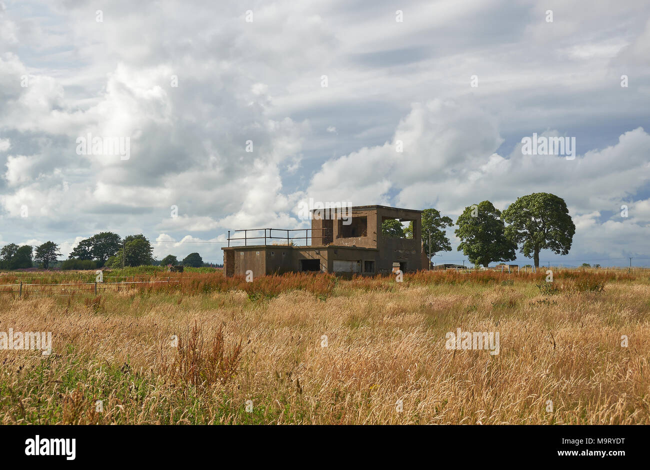 The derelict ruins of the Control Tower at the old RAF Kinnell Satellite Airfield which No 56 Operational Training Unit used during the War. Stock Photo
