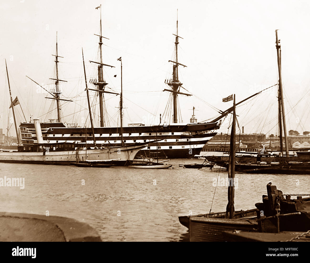 HMS Victory in Portsmouth Harbour, Victorian period Stock Photo