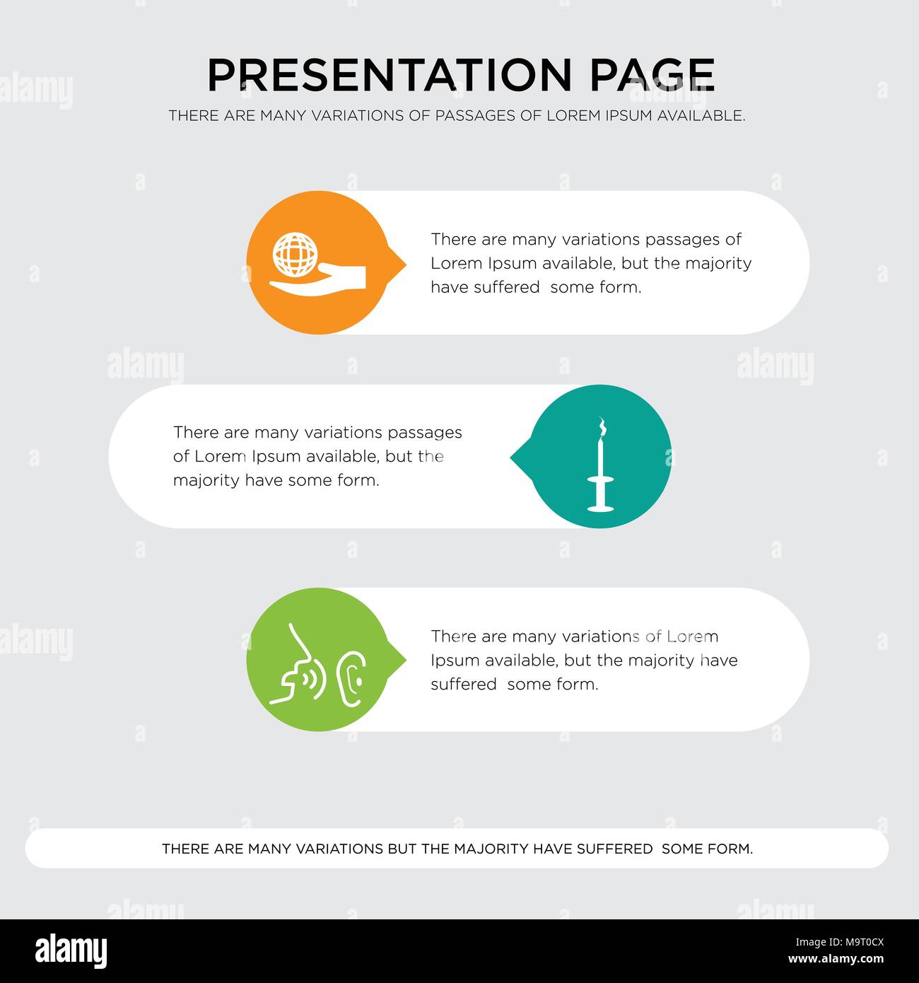 whisper, amenities, corporate social responsibility presentation design template in orange, green, yellow colors with horizontal and rounded shapes Stock Vector