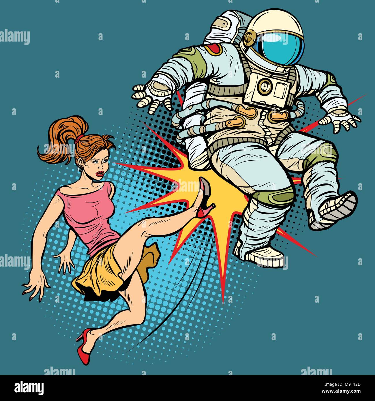 The woman kicks an astronaut family quarrel Stock Vector