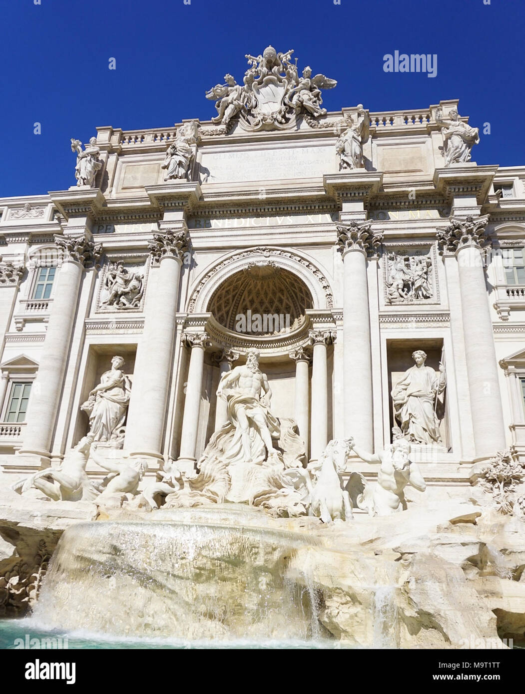 An upclose view of the historical Trevi Fountain in Rome Italy. Stock Photo