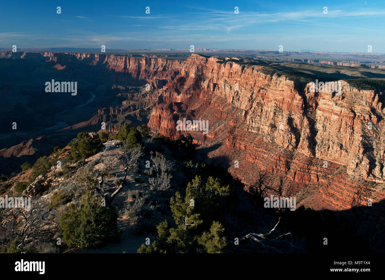 Cliffs known as the Palisades of the Desert are lit by the setting sun at Desert View along the South Rim at Grand Canyon National Park in Arizona. Stock Photo