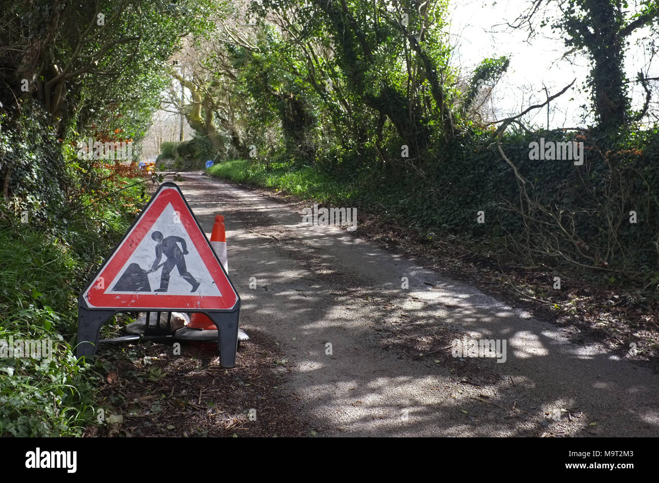 Men at work road sign on a country lane in Cornwall. Stock Photo
