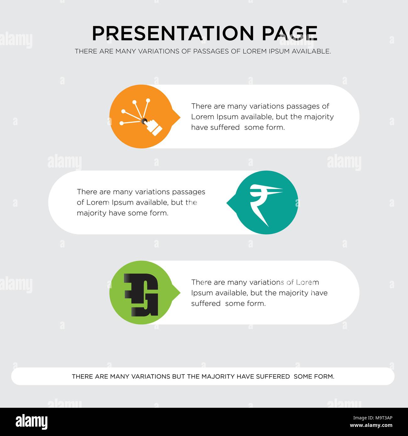 gf, rupees, reach presentation design template in orange, green, yellow colors with horizontal and rounded shapes Stock Vector