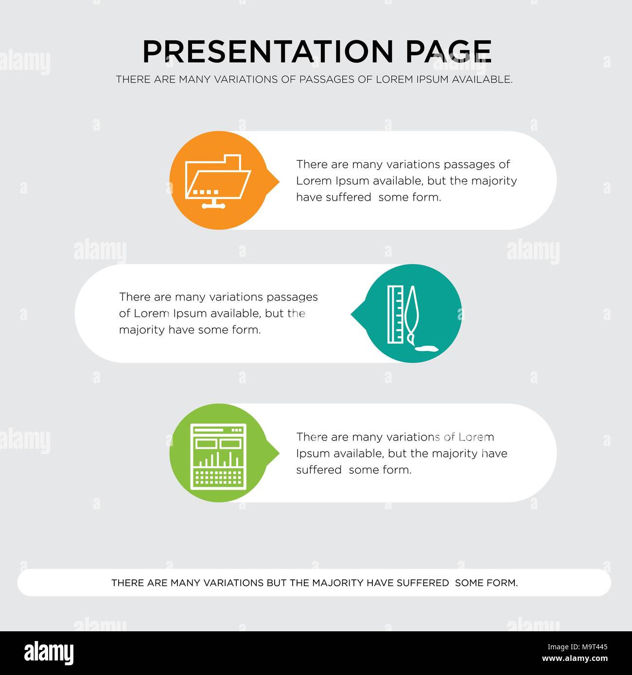 Data analysis computing, cloud syncing with computers, Folder sharing presentation design template in orange, green, yellow colors with horizontal and Stock Vector