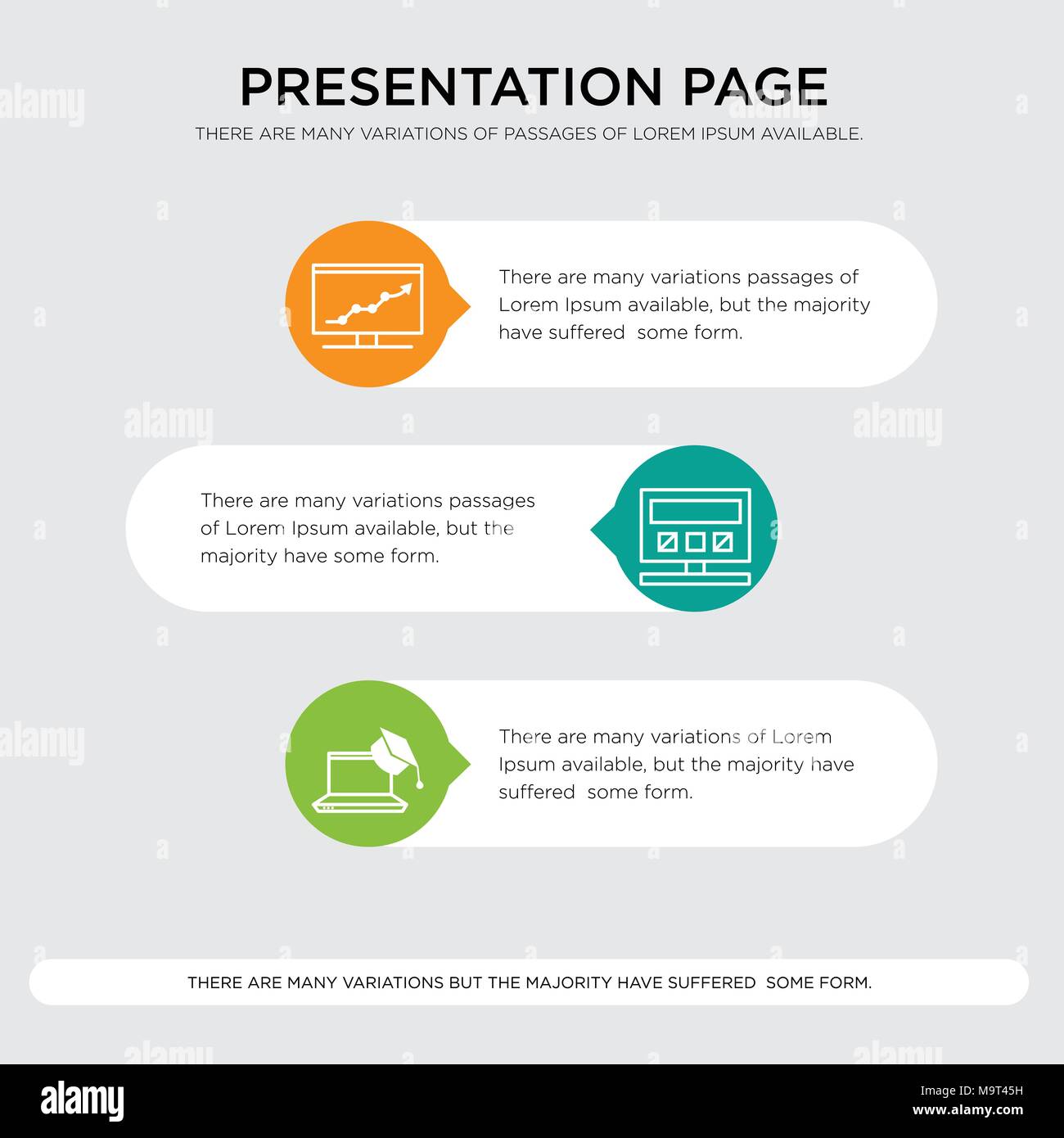 Computer Process finish,graduate, computer, computing machine, increasing graph presentation design template in orange, green, yellow colors with hori Stock Vector
