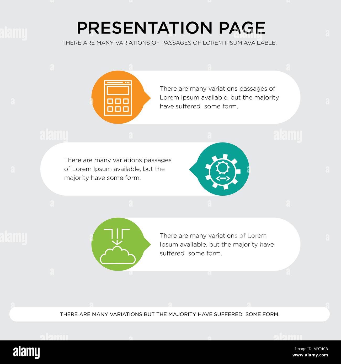 Data migration, cloud backup, code settings, computing, calculator presentation design template in orange, green, yellow colors with horizontal and ro Stock Vector