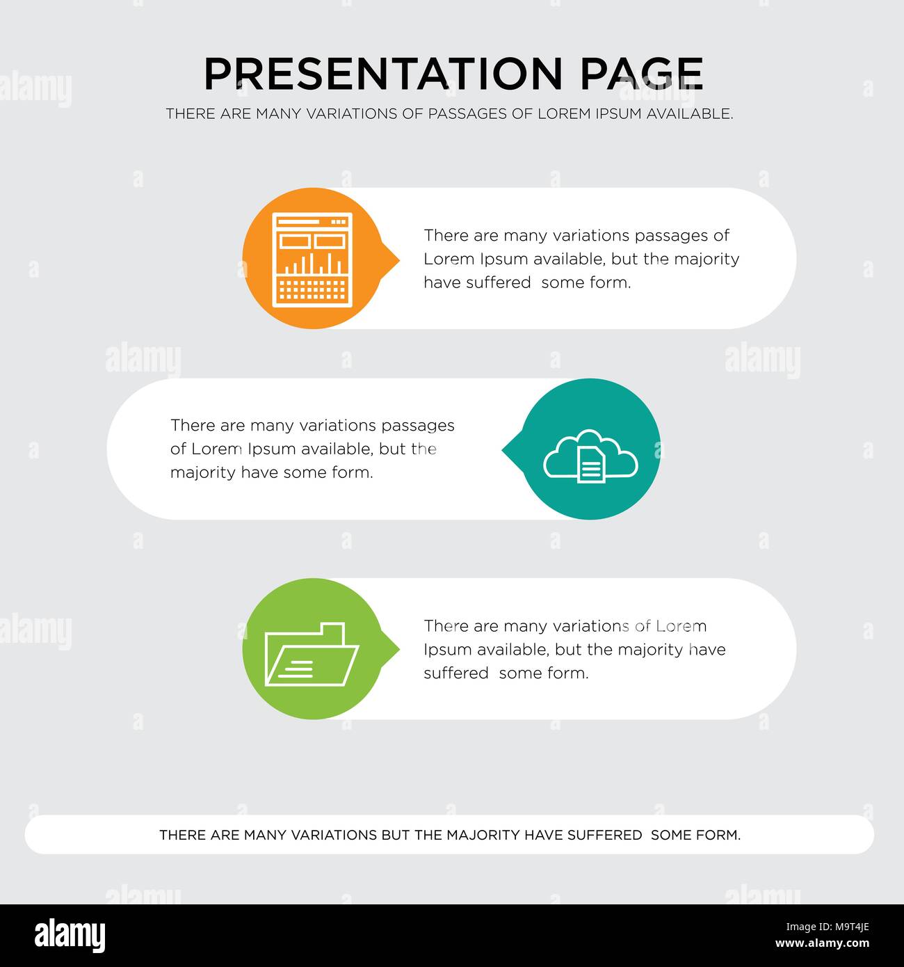 Folder, Cloud file, Data analysis computing presentation design template in orange, green, yellow colors with horizontal and rounded shapes Stock Vector