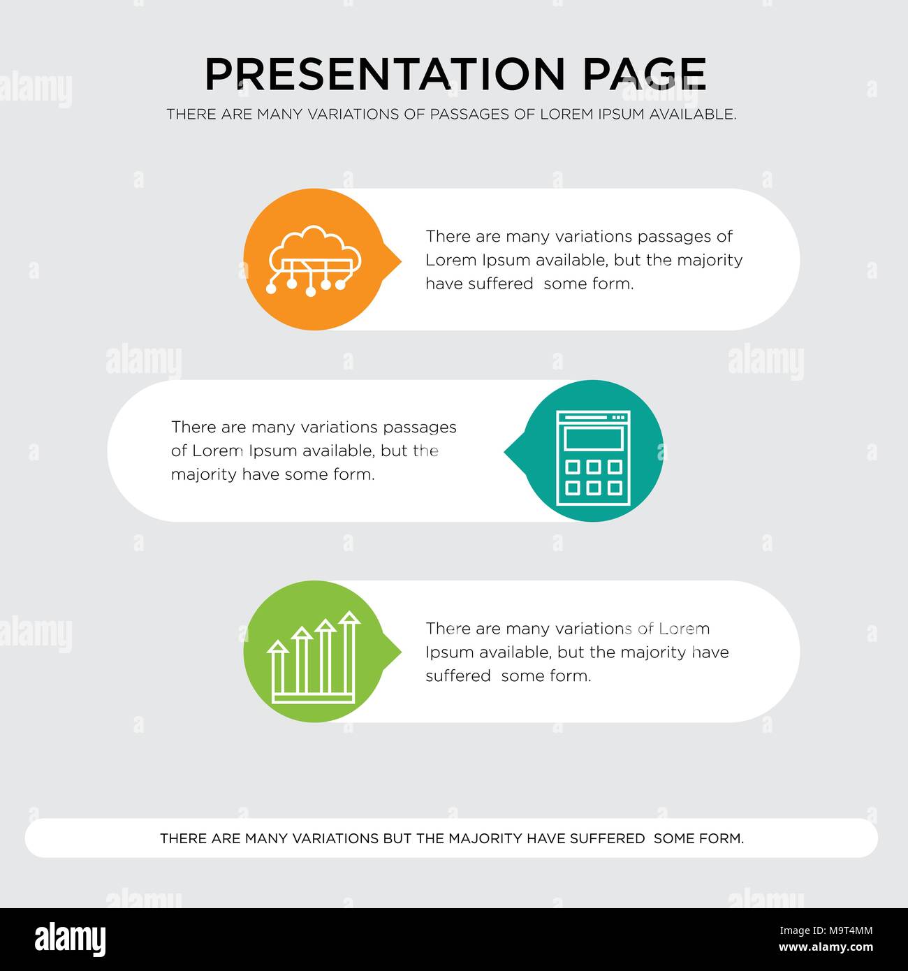 increasing arrows, computing, calculator, Cloud computing presentation design template in orange, green, yellow colors with horizontal and rounded sha Stock Vector