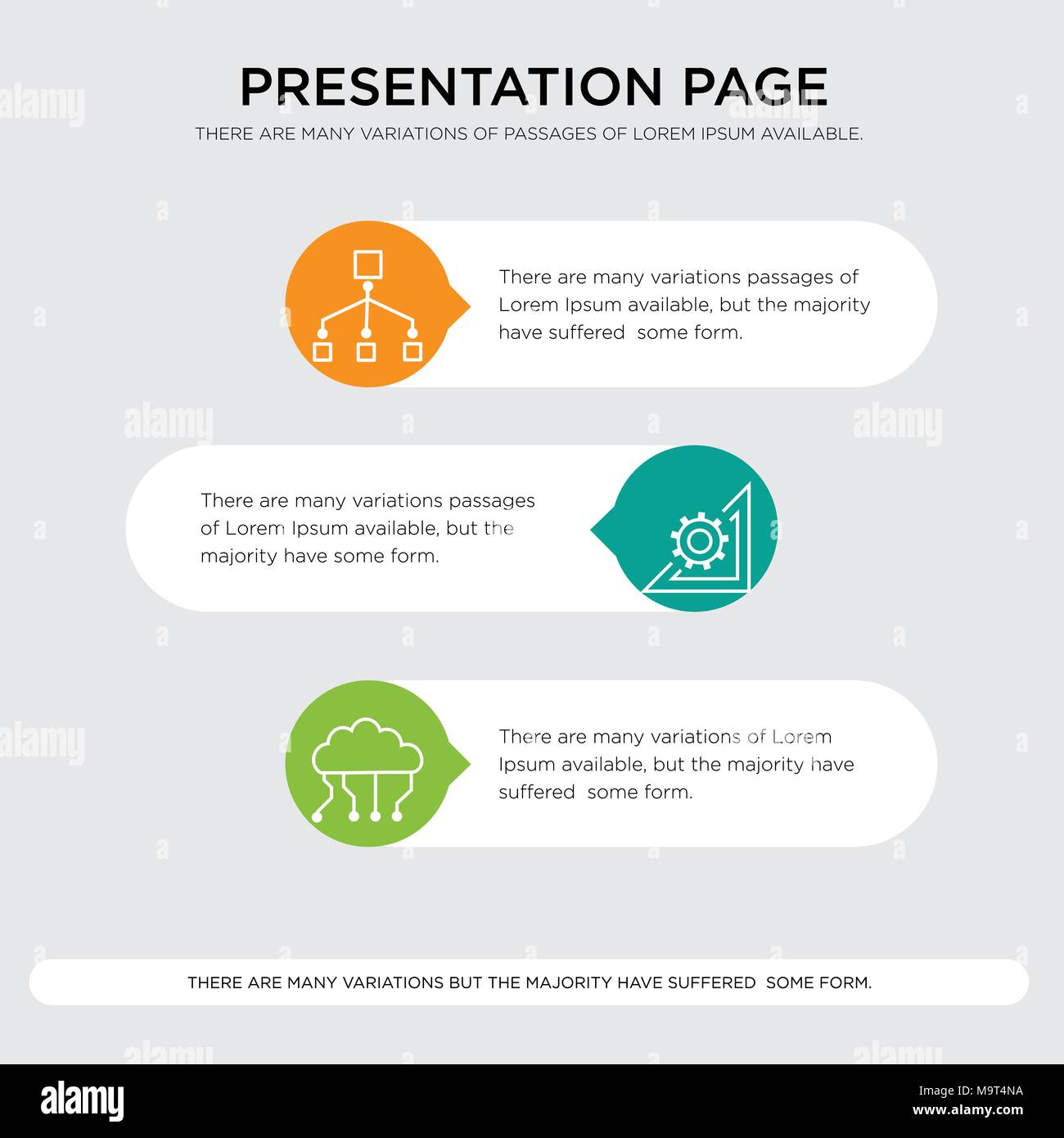 digital cloud computing, system preferences, network workflow presentation design template in orange, green, yellow colors with horizontal and rounded Stock Vector