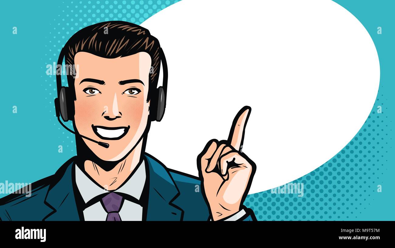 Man in business suit or businessman with headset says. Call center, support, service concept. Cartoon vector illustration Stock Vector