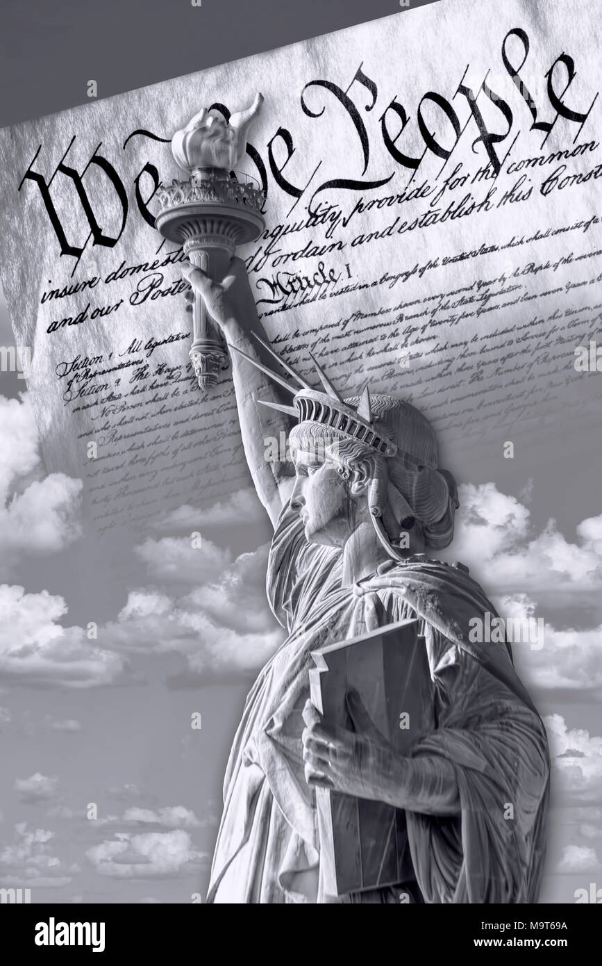 Statue of liberty and We the People in black and white. Stock Photo