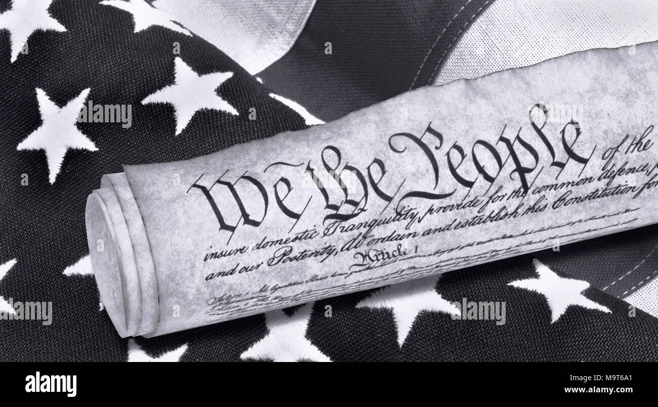 We the People with American flag in black and white. Stock Photo