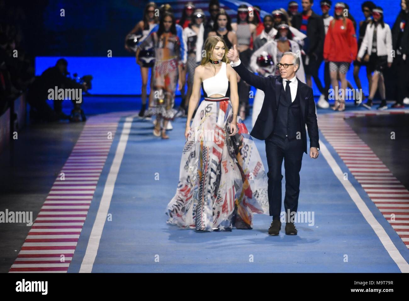 Milan Fashion Week Autumn/Winter 2018 - Tommy Hilfiger - Catwalk Featuring: Gigi  Hadid, Tommy Hilfiger, model Where: Milan, Italy When: 25 Feb 2018 Credit:  IPA/WENN.com **Only available for publication in UK, USA,