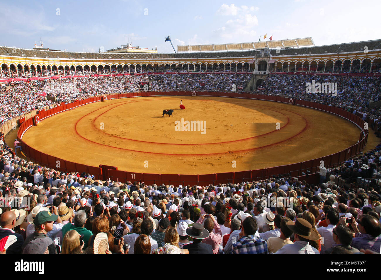 Bullfight during Feria de Abril Seville Fair, Plaza de toros de la Real Maestranza de Caballería de Sevilla Bullring, Seville, Spain Stock Photo