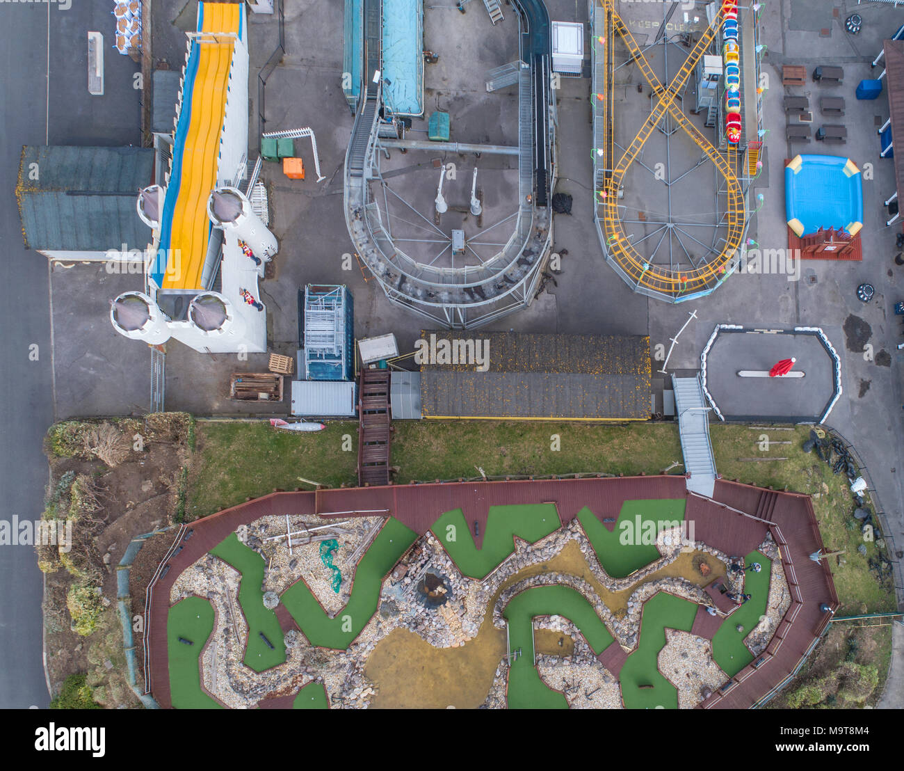 aerial view of the amusement park at littlehampton by drone on the west sussex coast Stock Photo