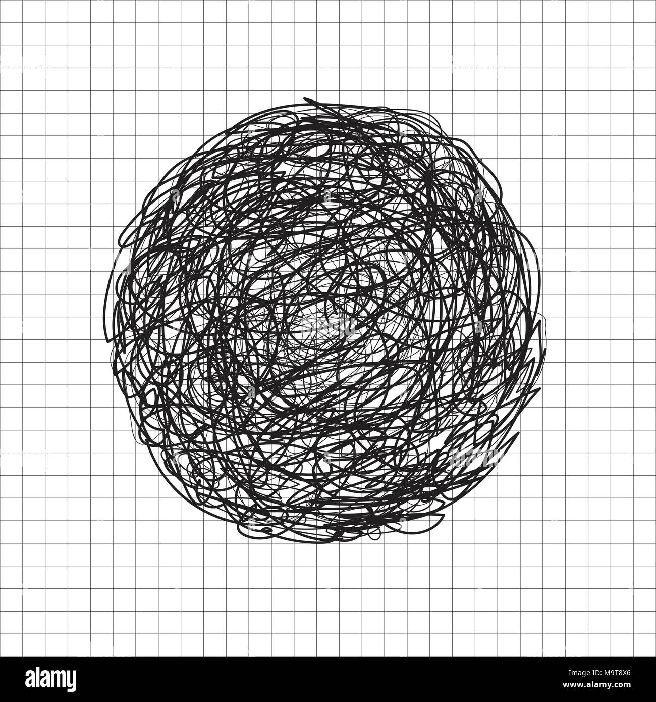Abstract hand drawn scrawl sketch black color circle tangle, scribble, doodle on grid white background. Vector illustration Stock Vector
