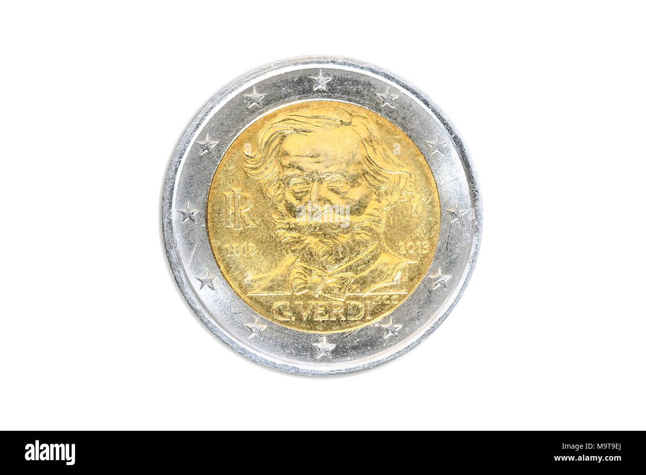Italy coin of two euro closeup with head side of the famous Italian composer Giuseppe Verdi, artist of operas like La Traviata, Rigoletto, Va Pensiero and Aida. Isolated on white studio background. Stock Photo