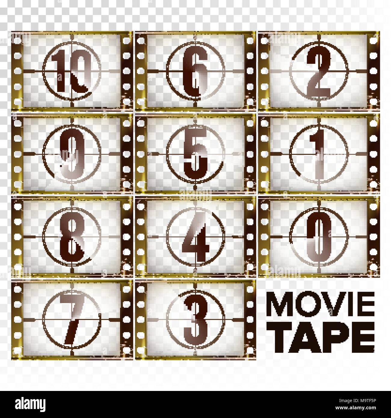 Film Countdown Numbers 10 - 0 Vector. Monochrome Brown Grunge Film Strip. Elements Of Cinema. Start Of The Retro Film. Counting Down Timer Animation. Isolated On Transparent Background Illustration Stock Vector