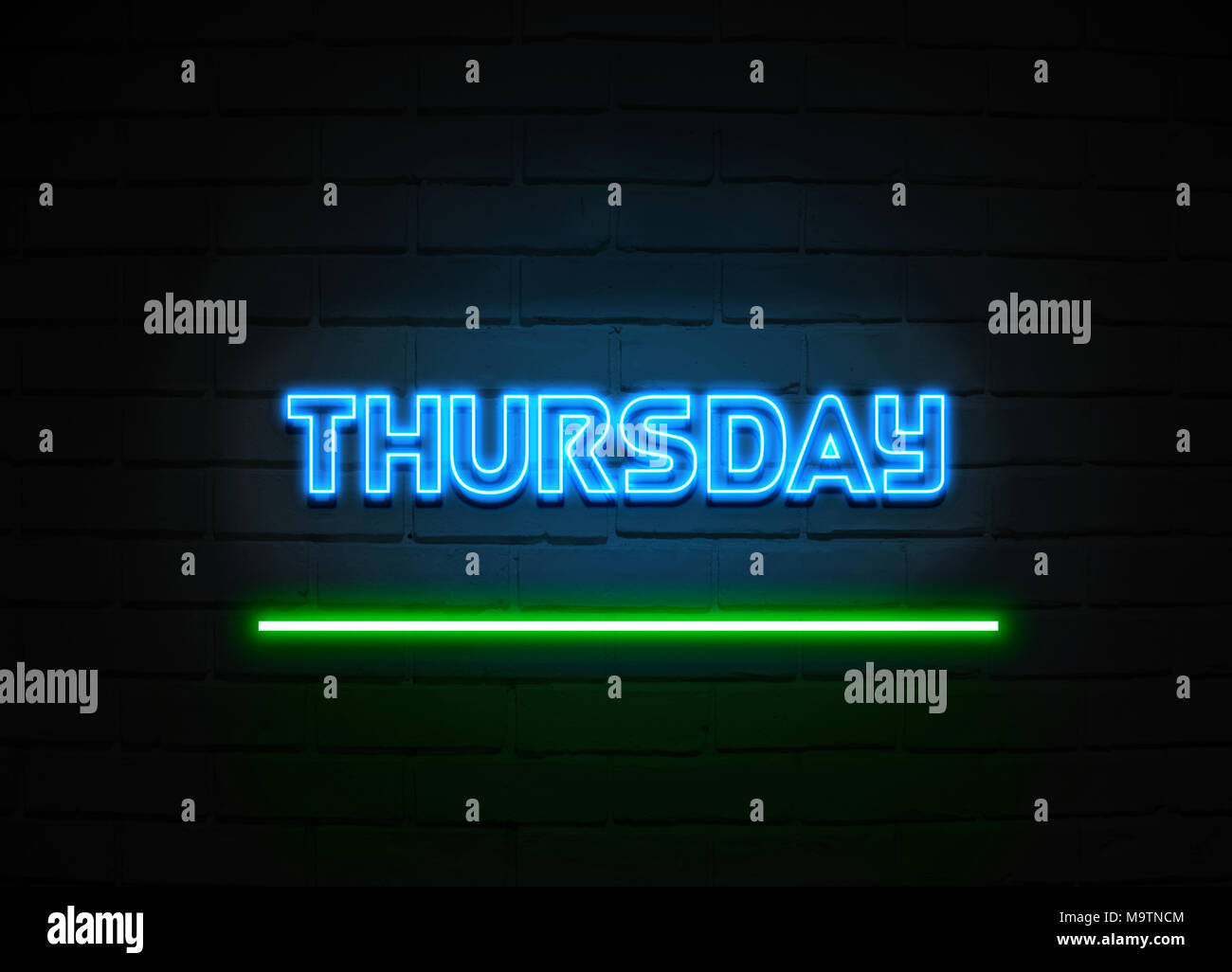 Thursday neon sign - Glowing Neon Sign on brickwall wall - 3D rendered royalty free stock illustration. Stock Photo
