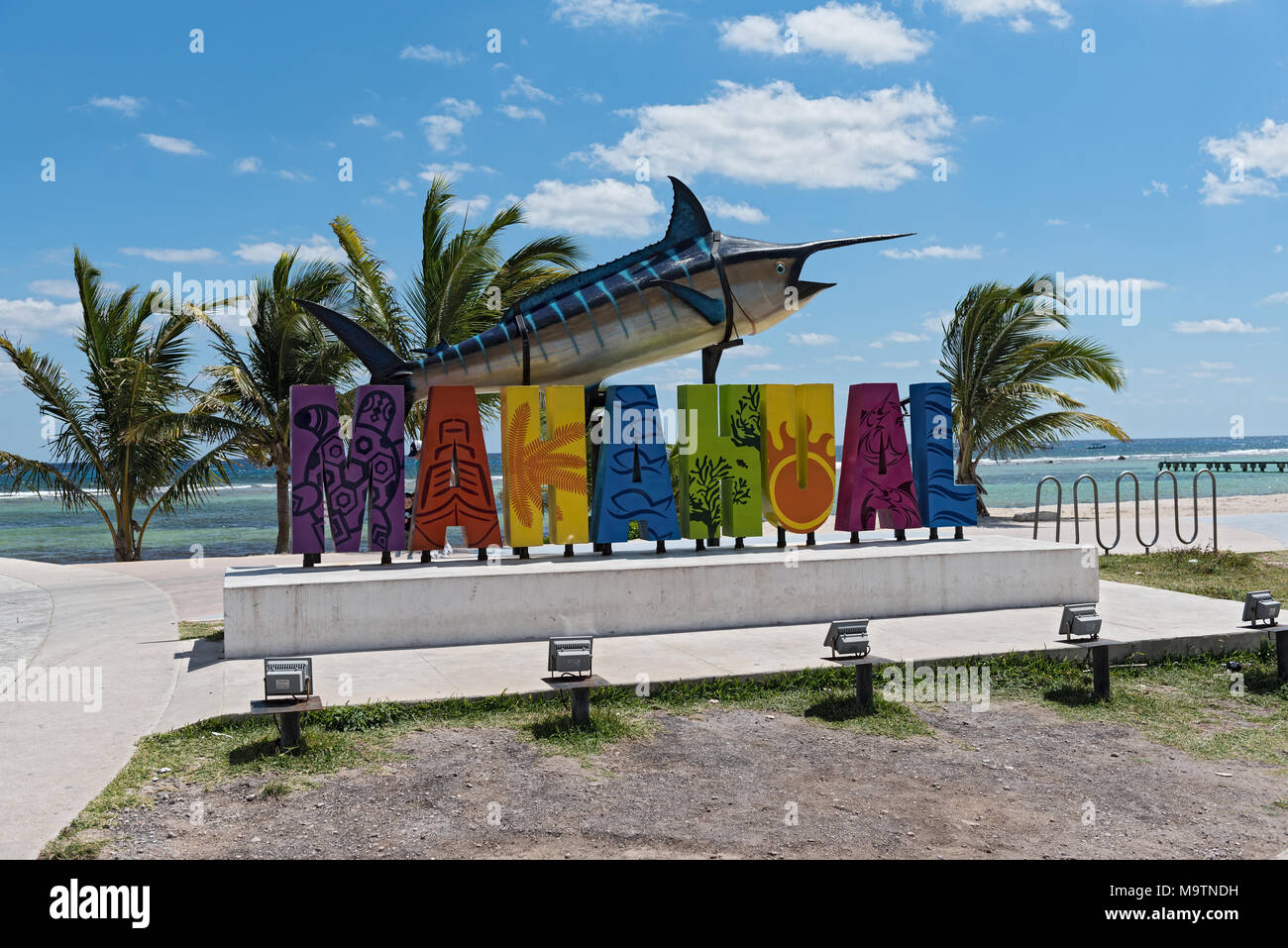 Colored lettering of tourist resort Mahahual with marlin fish Stock Photo