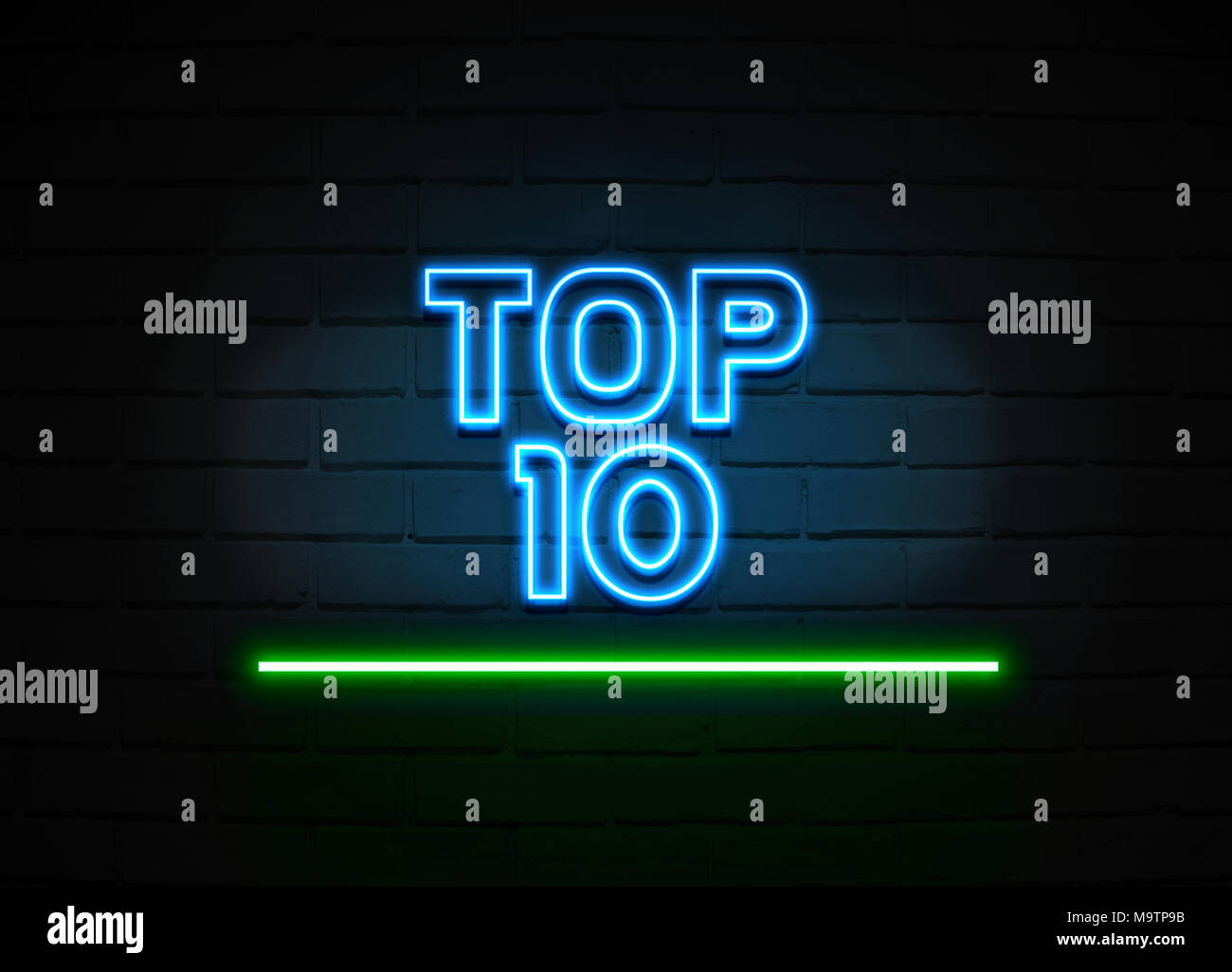 Top 10 neon sign - Glowing Neon Sign on brickwall wall - 3D rendered royalty free stock illustration. Stock Photo
