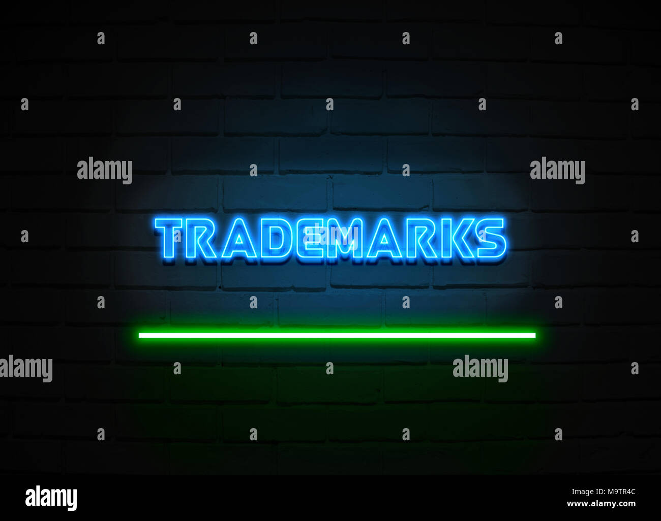 Trademarks neon sign - Glowing Neon Sign on brickwall wall - 3D rendered royalty free stock illustration. Stock Photo