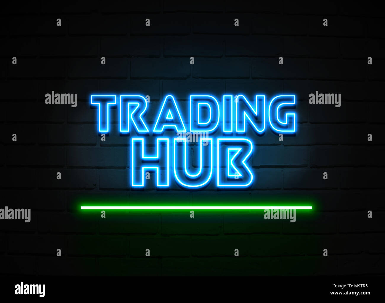 Trading Hub neon sign - Glowing Neon Sign on brickwall wall - 3D rendered royalty free stock illustration. Stock Photo
