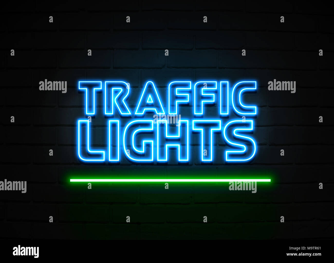 Traffic Lights neon sign - Glowing Neon Sign on brickwall wall - 3D rendered royalty free stock illustration. Stock Photo