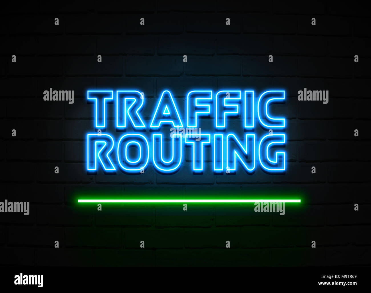 Traffic Routing neon sign - Glowing Neon Sign on brickwall wall - 3D rendered royalty free stock illustration. Stock Photo
