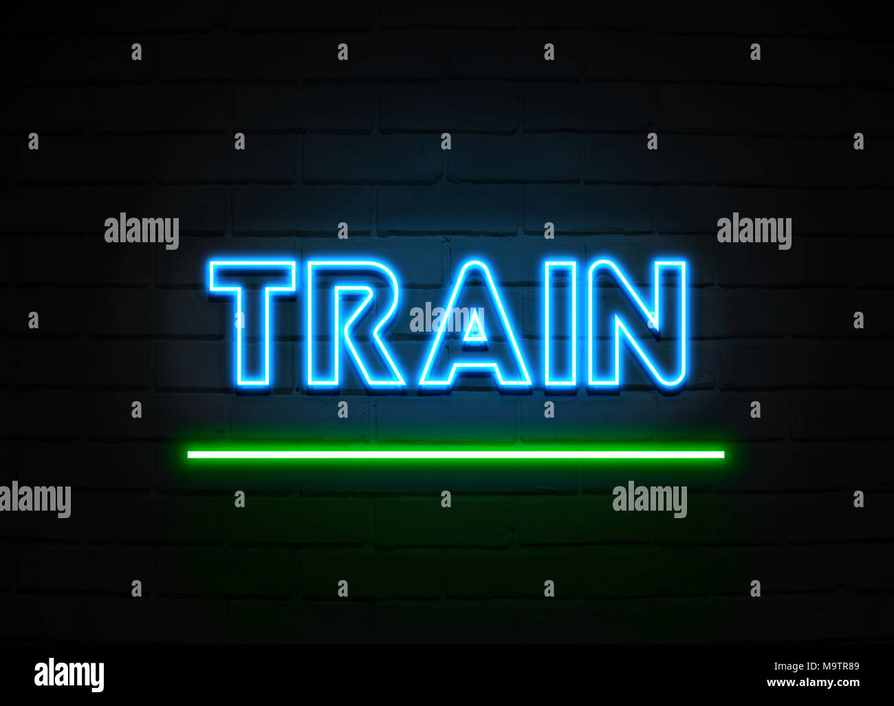 Train neon sign Glowing Neon Sign on brickwall wall 3D rendered royalty free stock