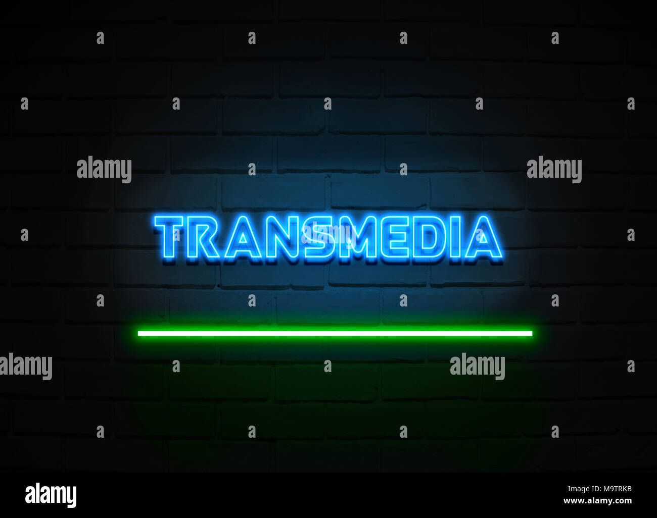 Transmedia neon sign - Glowing Neon Sign on brickwall wall - 3D rendered royalty free stock illustration. Stock Photo