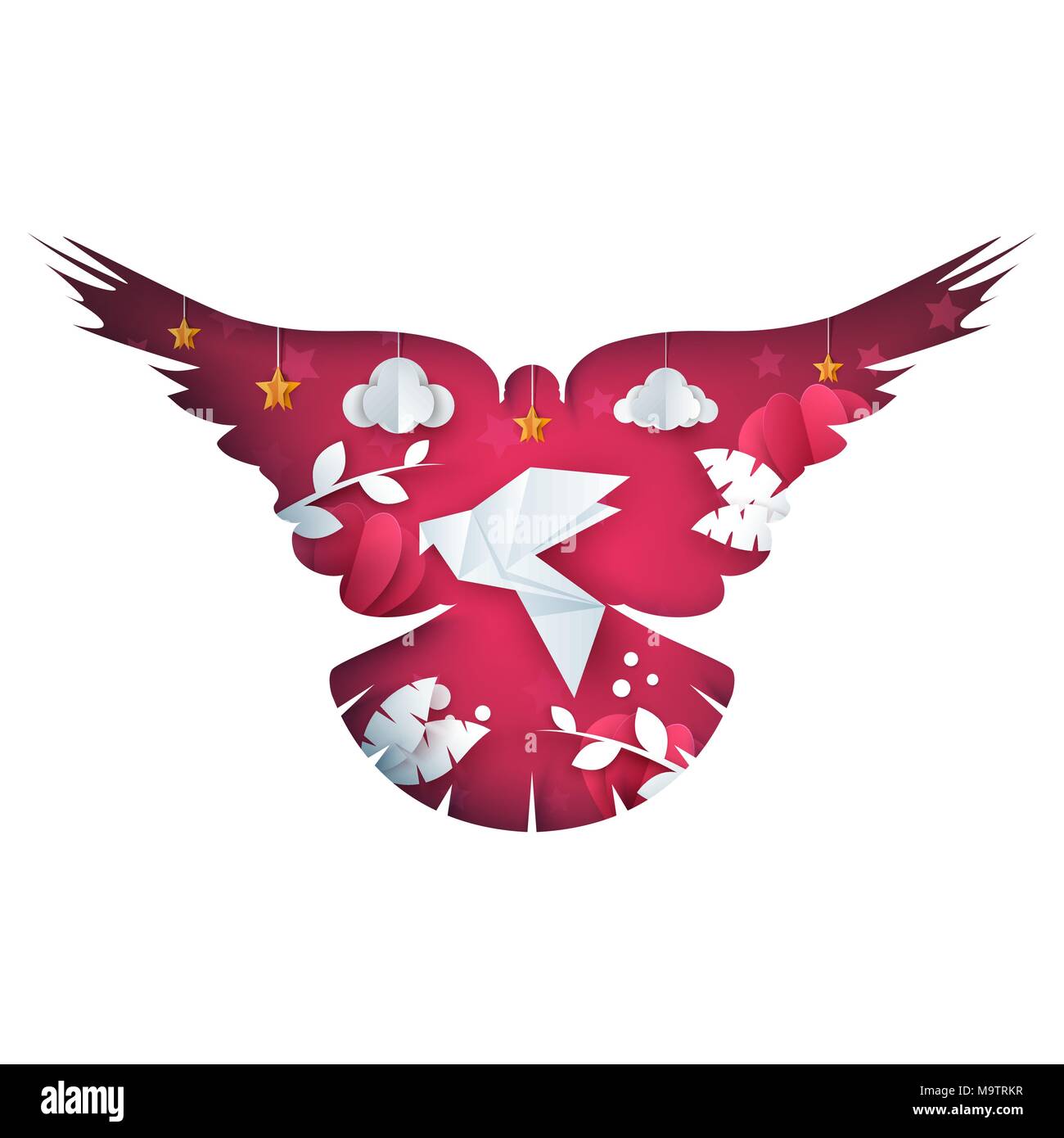 Dove illustration. Cartoon paper landscape. Heart, love, cloud, star icon. Stock Vector