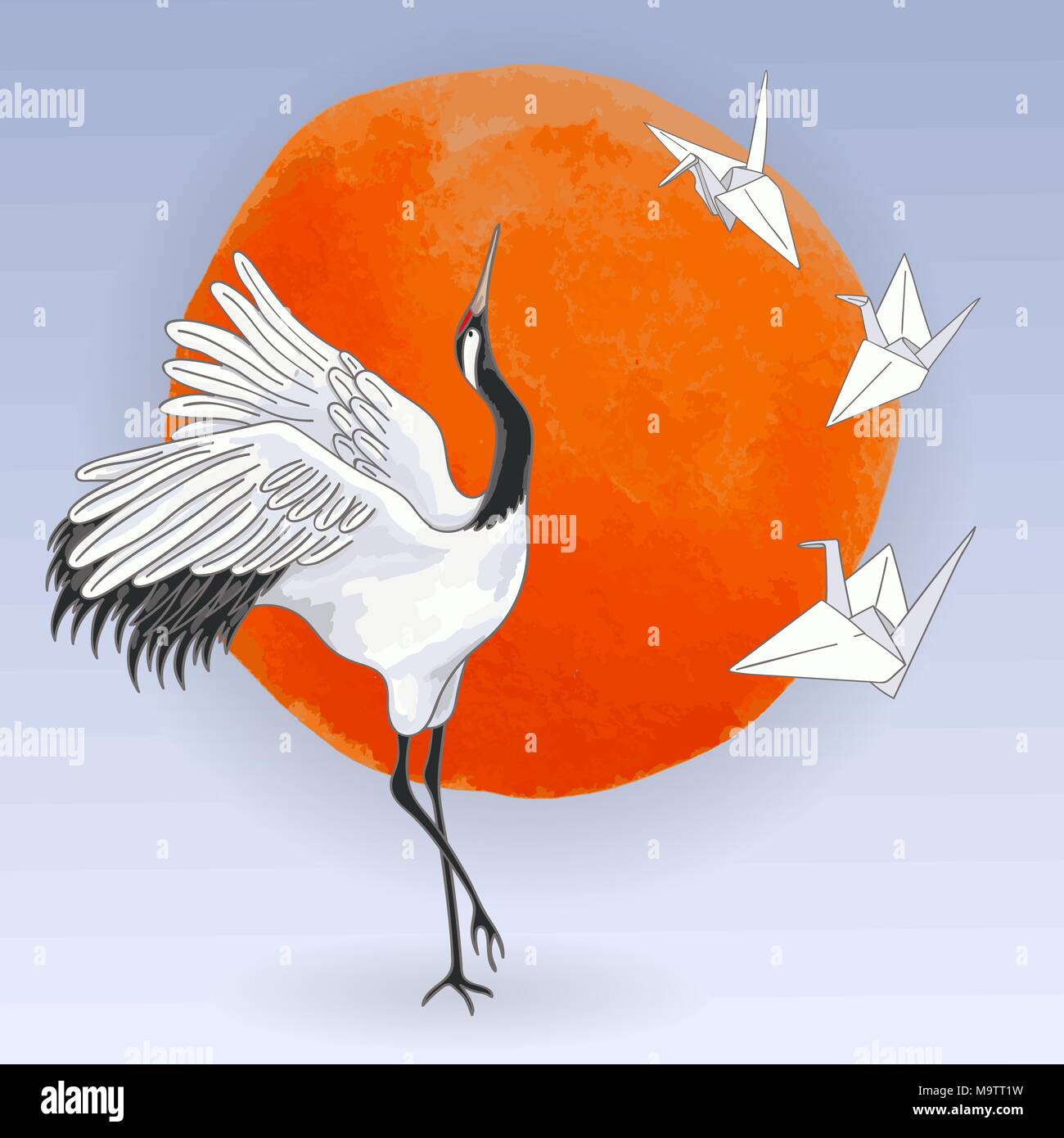 The red-crowned Japanese dancing crane and white paper origami birds over sunset Stock Vector