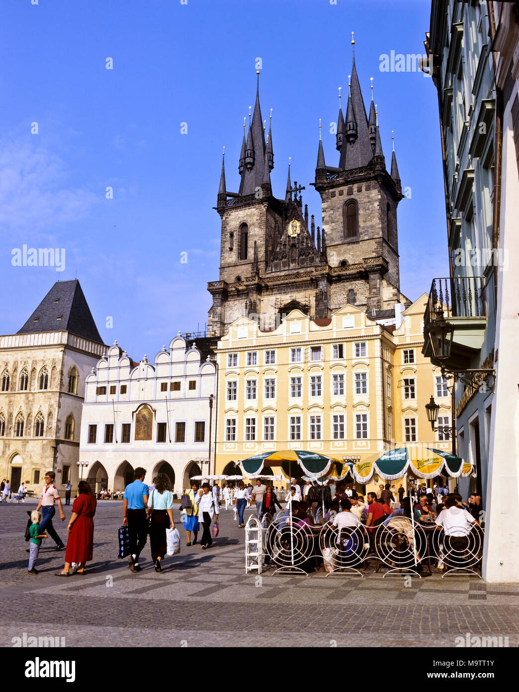 9076. Old Town Square, Cafe and Tyn Church, Prague,  Czech Republic, Europe Stock Photo