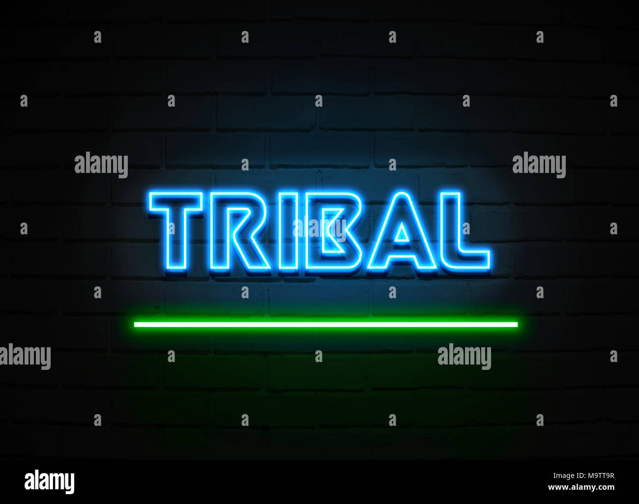 Tribal neon sign - Glowing Neon Sign on brickwall wall - 3D rendered royalty free stock illustration. Stock Photo