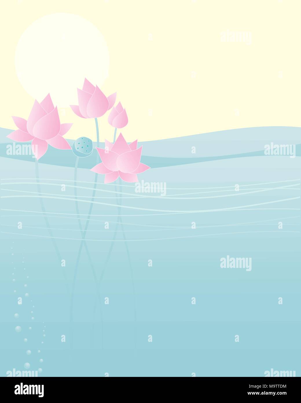 a vector illustration in eps 10 format of lotus blooms in water with seed head and buds under a yellow sun and sky with space for text Stock Vector