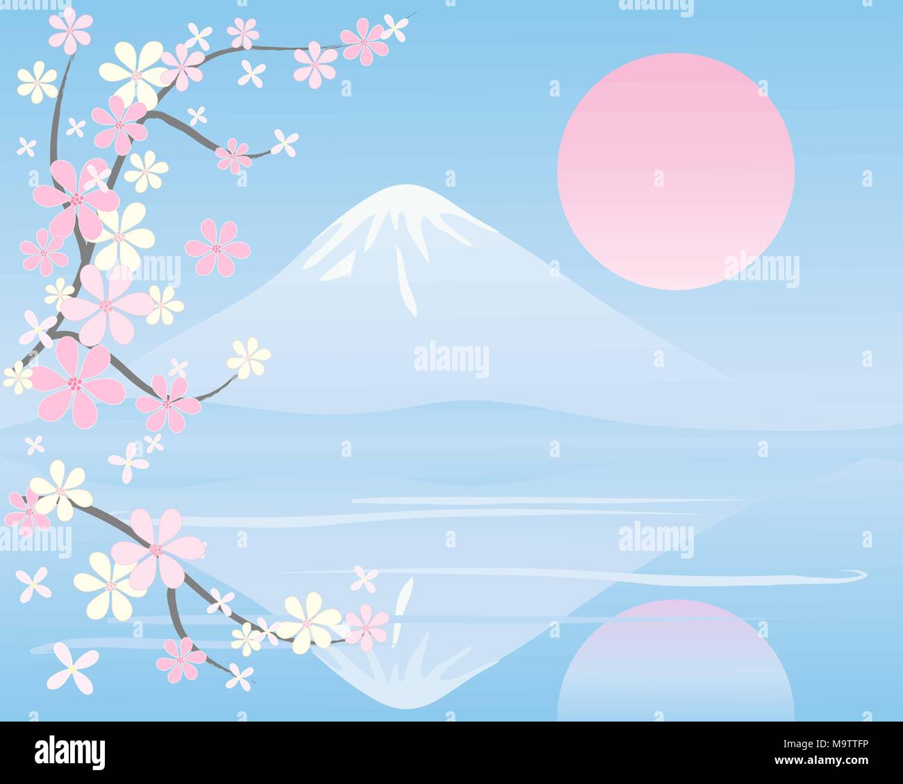 a vector illustration in eps 10 format of an oriental landscape with snow capped mountain reflected in still water with branches of blossom Stock Vector