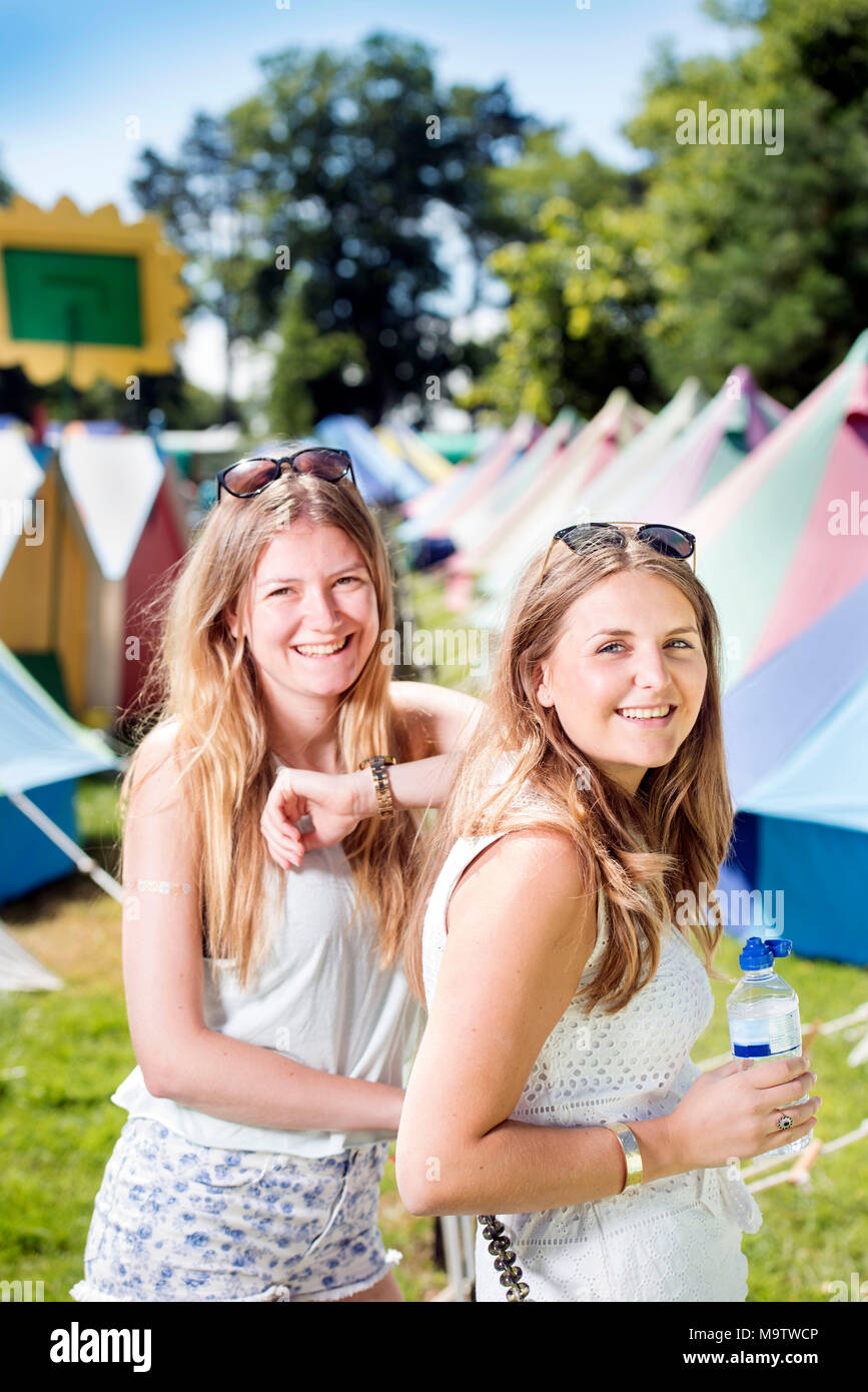 Girls in a ‘Glamping’ area at the Cornbury Music Festival UK Stock Photo