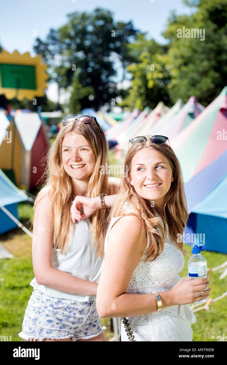 Girls in a ‘Glamping’ area at the Cornbury Music Festival UK Stock Photo