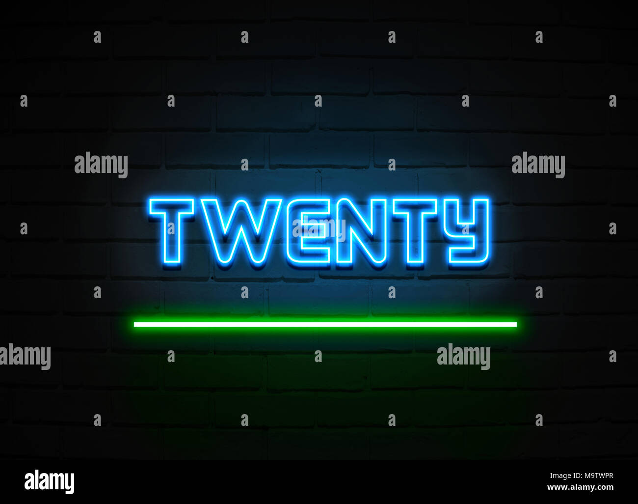 Twenty neon sign - Glowing Neon Sign on brickwall wall - 3D rendered royalty free stock illustration. Stock Photo