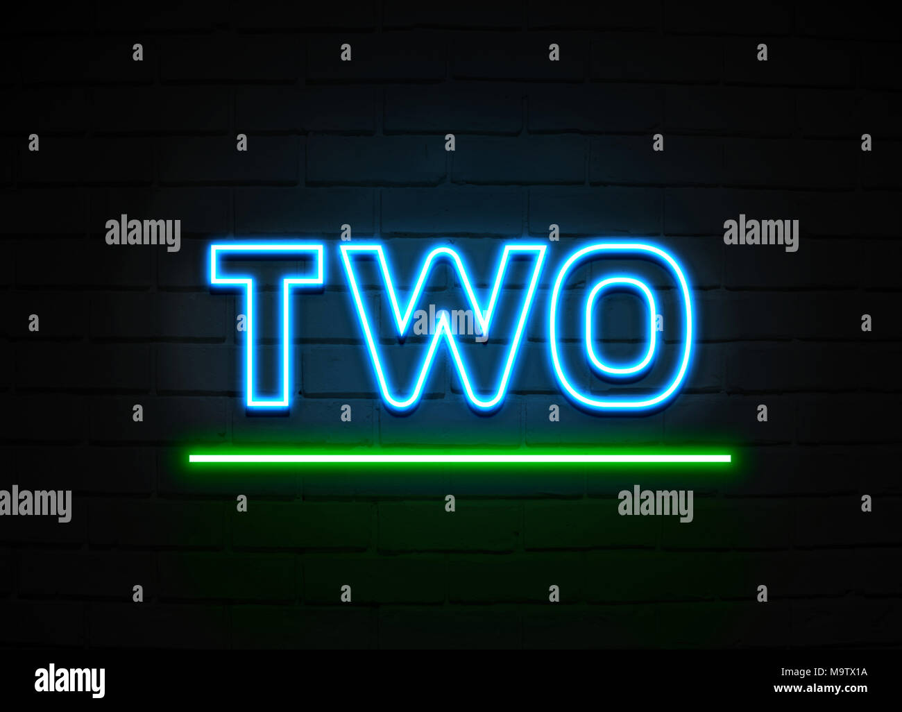 Two neon sign - Glowing Neon Sign on brickwall wall - 3D rendered royalty free stock illustration. Stock Photo