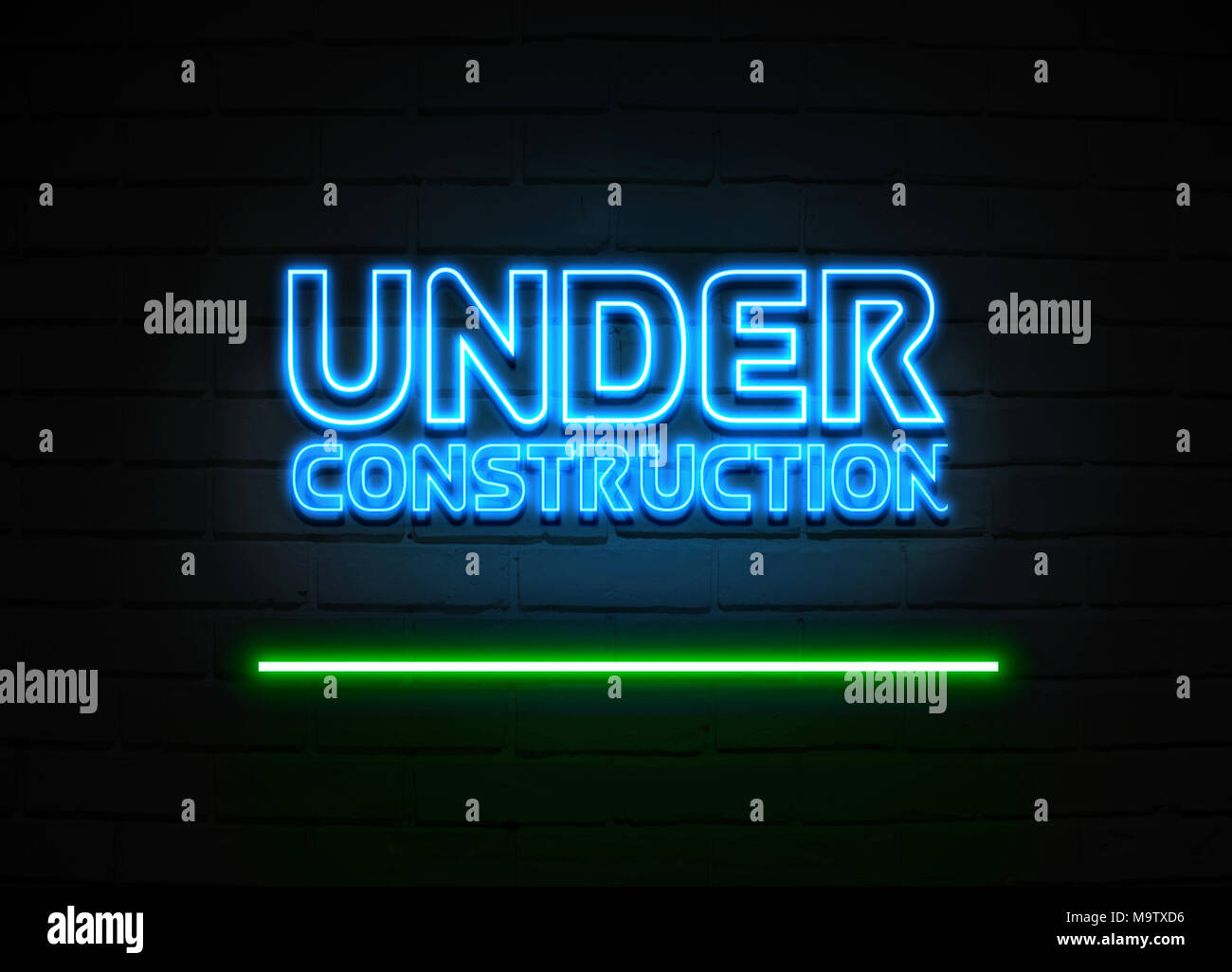 Under Construction neon sign Glowing Neon Sign on brickwall wall 3D