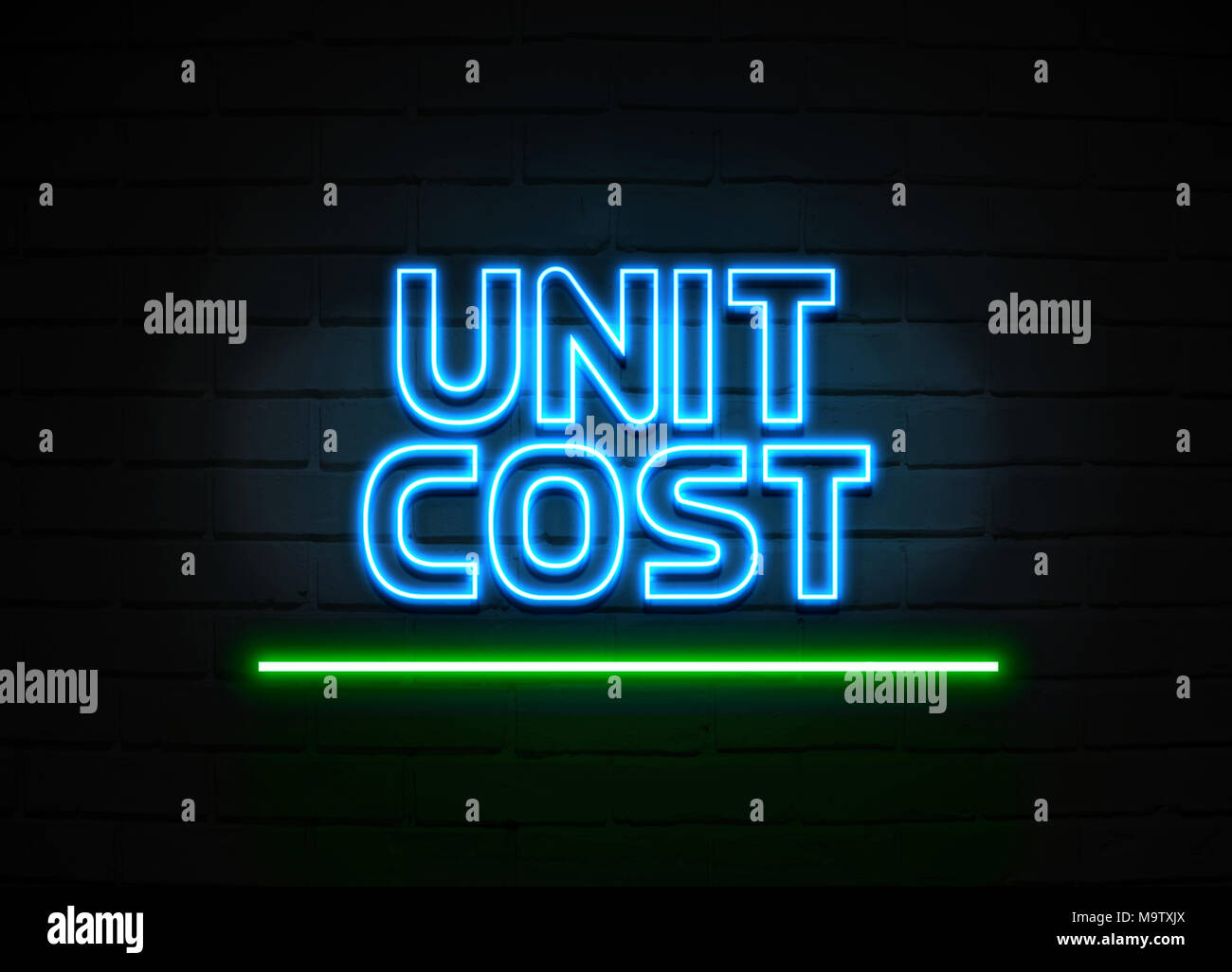 Unit Cost neon sign - Glowing Neon Sign on brickwall wall - 3D rendered royalty free stock illustration. Stock Photo
