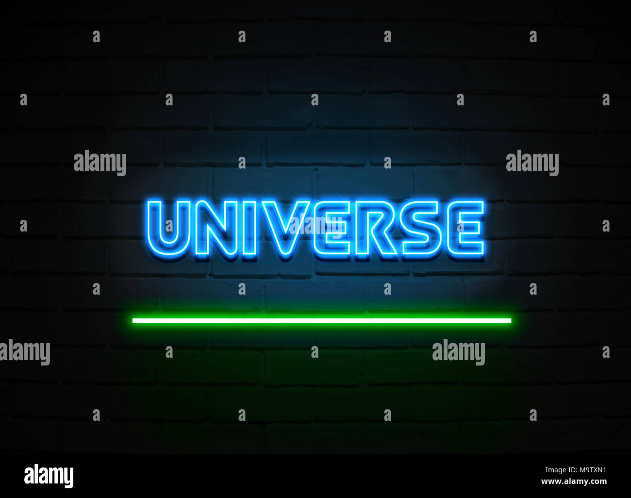 Universe neon sign - Glowing Neon Sign on brickwall wall - 3D rendered royalty free stock illustration. Stock Photo