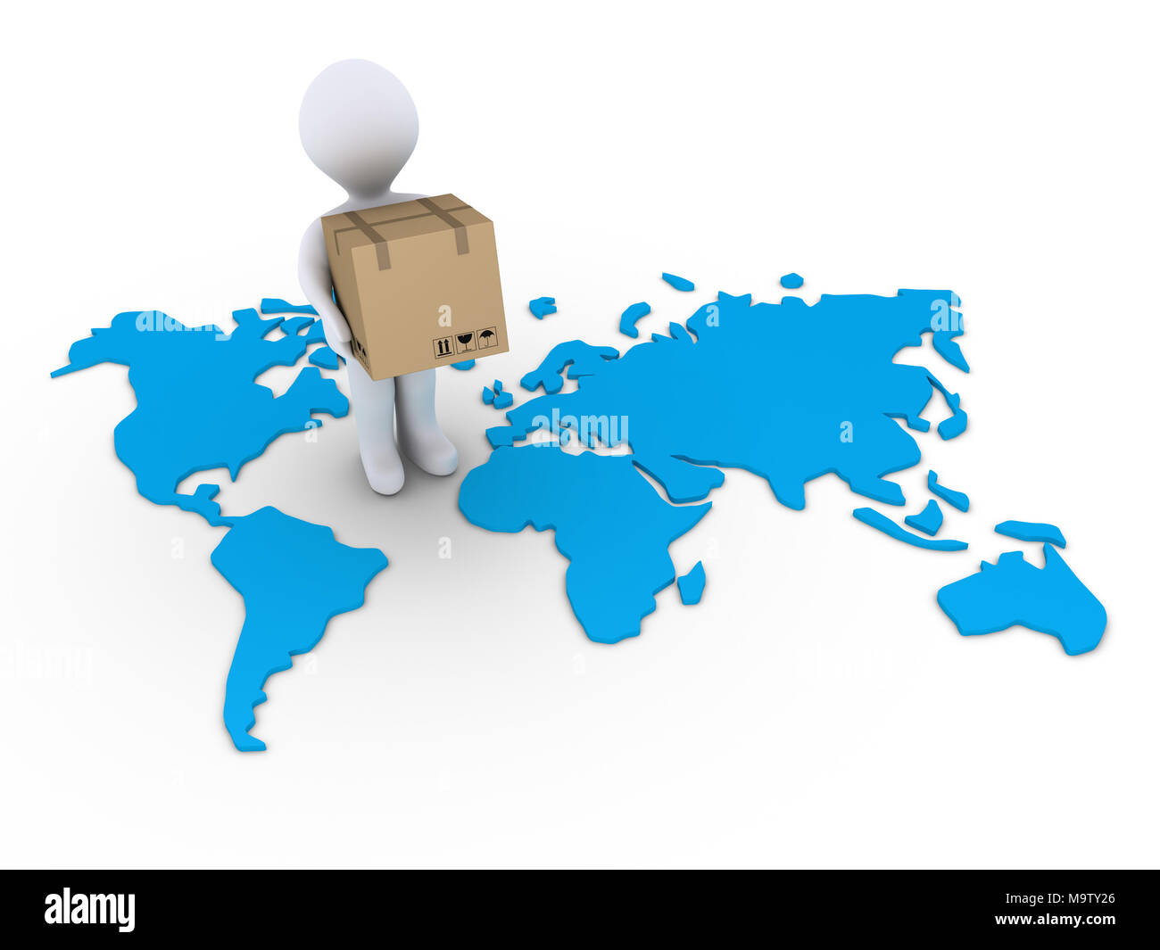3d person holding a carton box on a world map Stock Photo