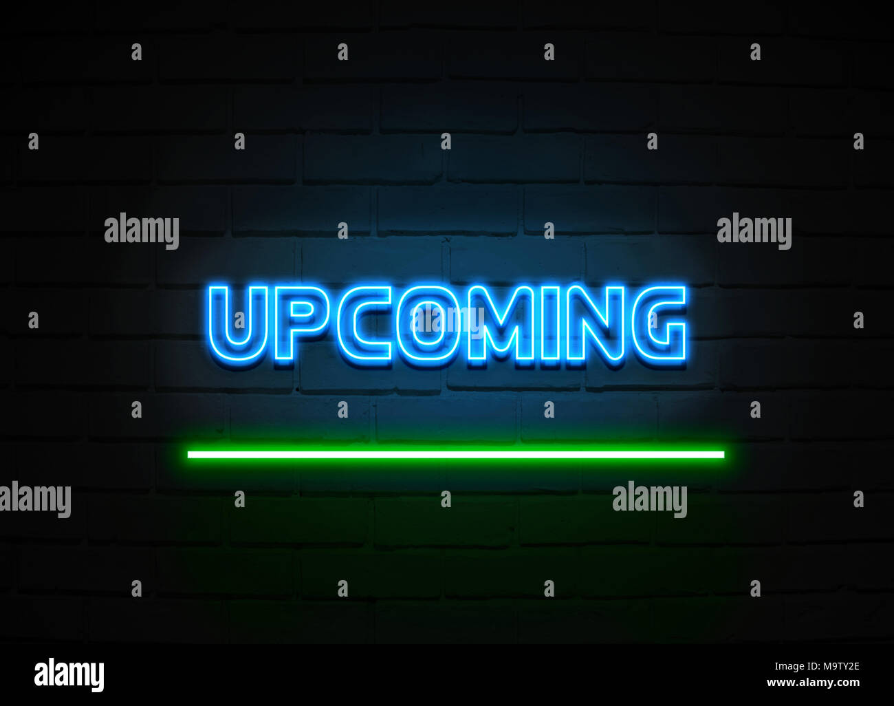 Upcoming neon sign - Glowing Neon Sign on brickwall wall - 3D rendered royalty free stock illustration. Stock Photo