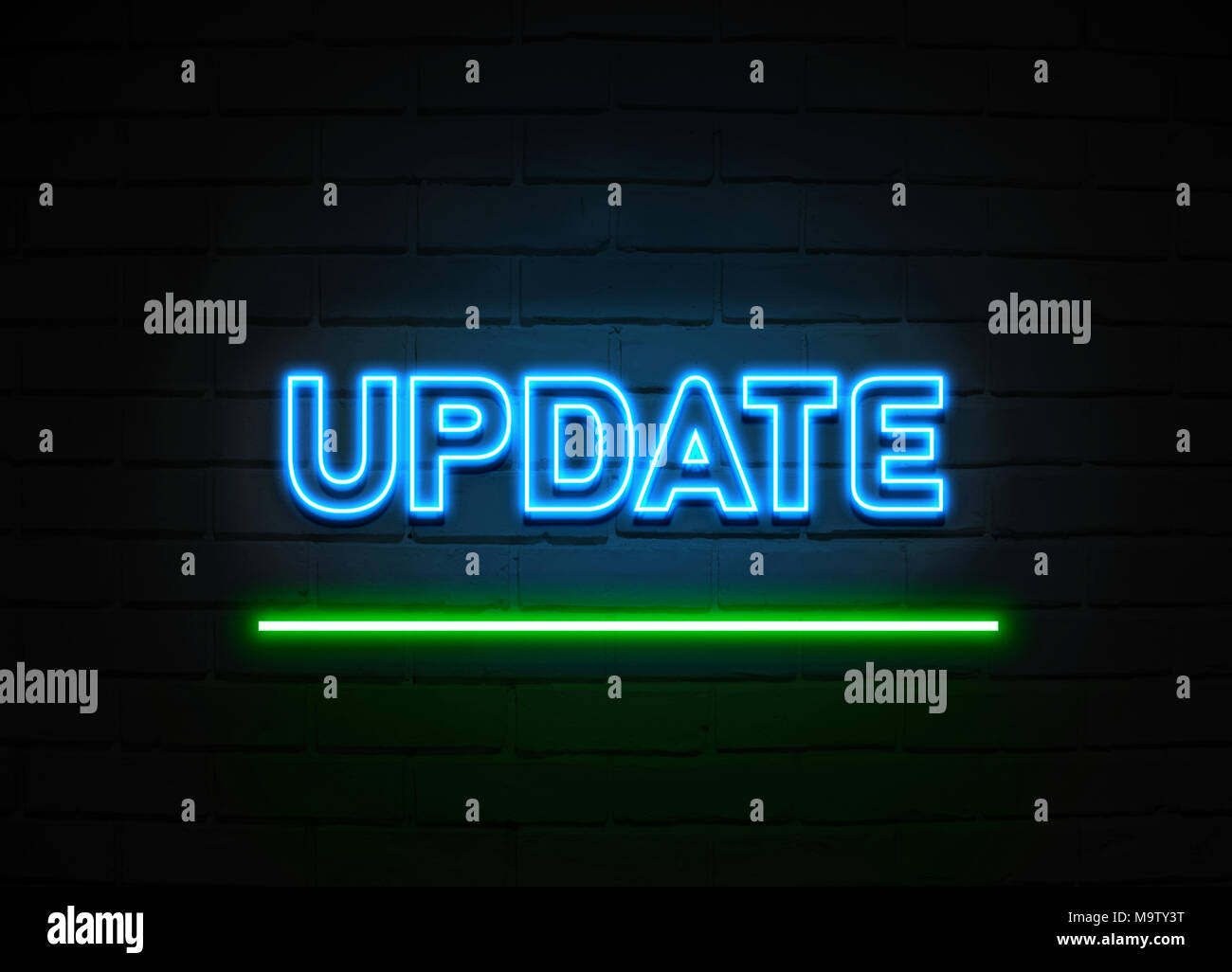 Update neon sign - Glowing Neon Sign on brickwall wall - 3D rendered royalty free stock illustration. Stock Photo