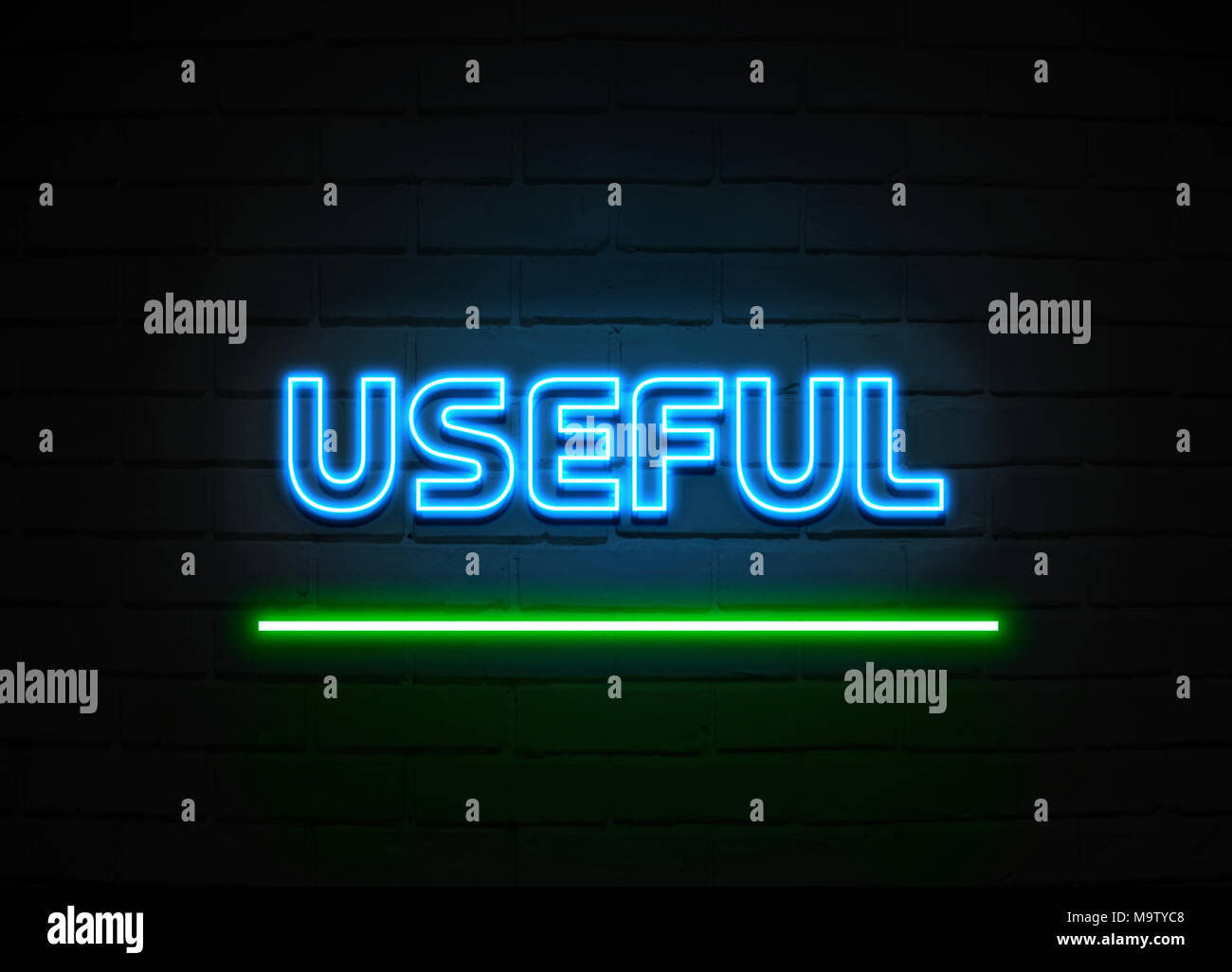 Useful neon sign - Glowing Neon Sign on brickwall wall - 3D rendered royalty free stock illustration. Stock Photo